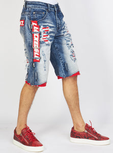 Shorts - Strapped Denim - Medium Blue with Red and White - LDS421101