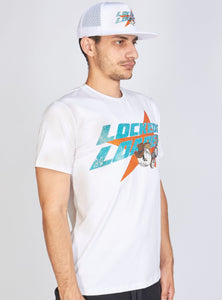 T-Shirt - Heavy Hitta - Aqua and Orange on White - 103