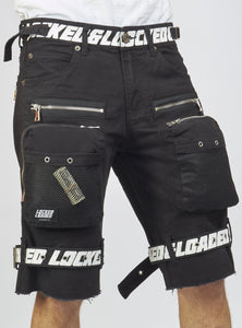 Shorts - Black Cotton Twill - Featuring 3D Cargo Pockets - Black / White Print - LDS421102