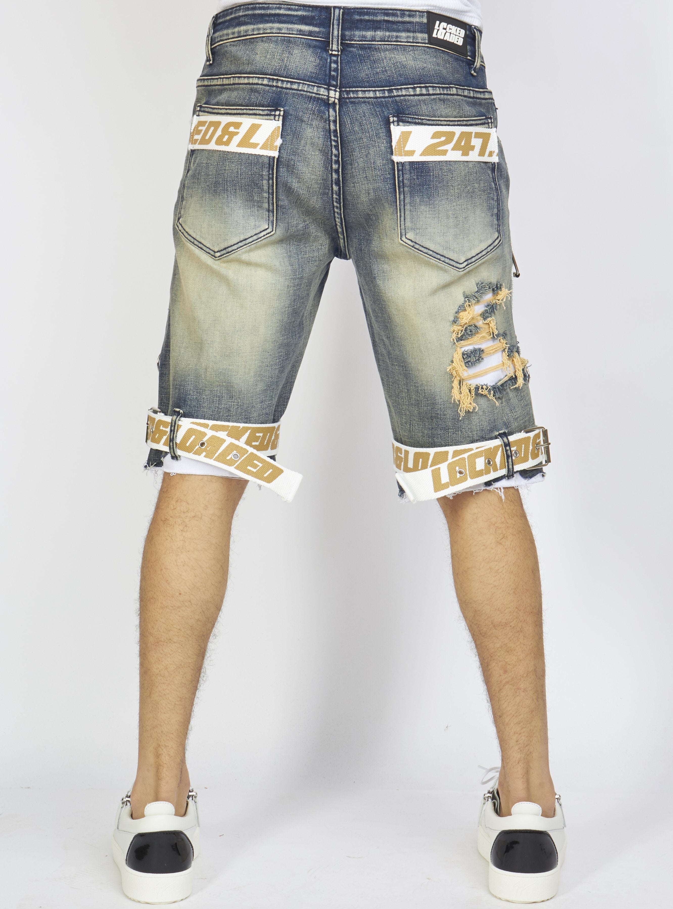 Shorts - Vintage Blue Wash Denim - Featuring White / Khaki Straps - LDS421101