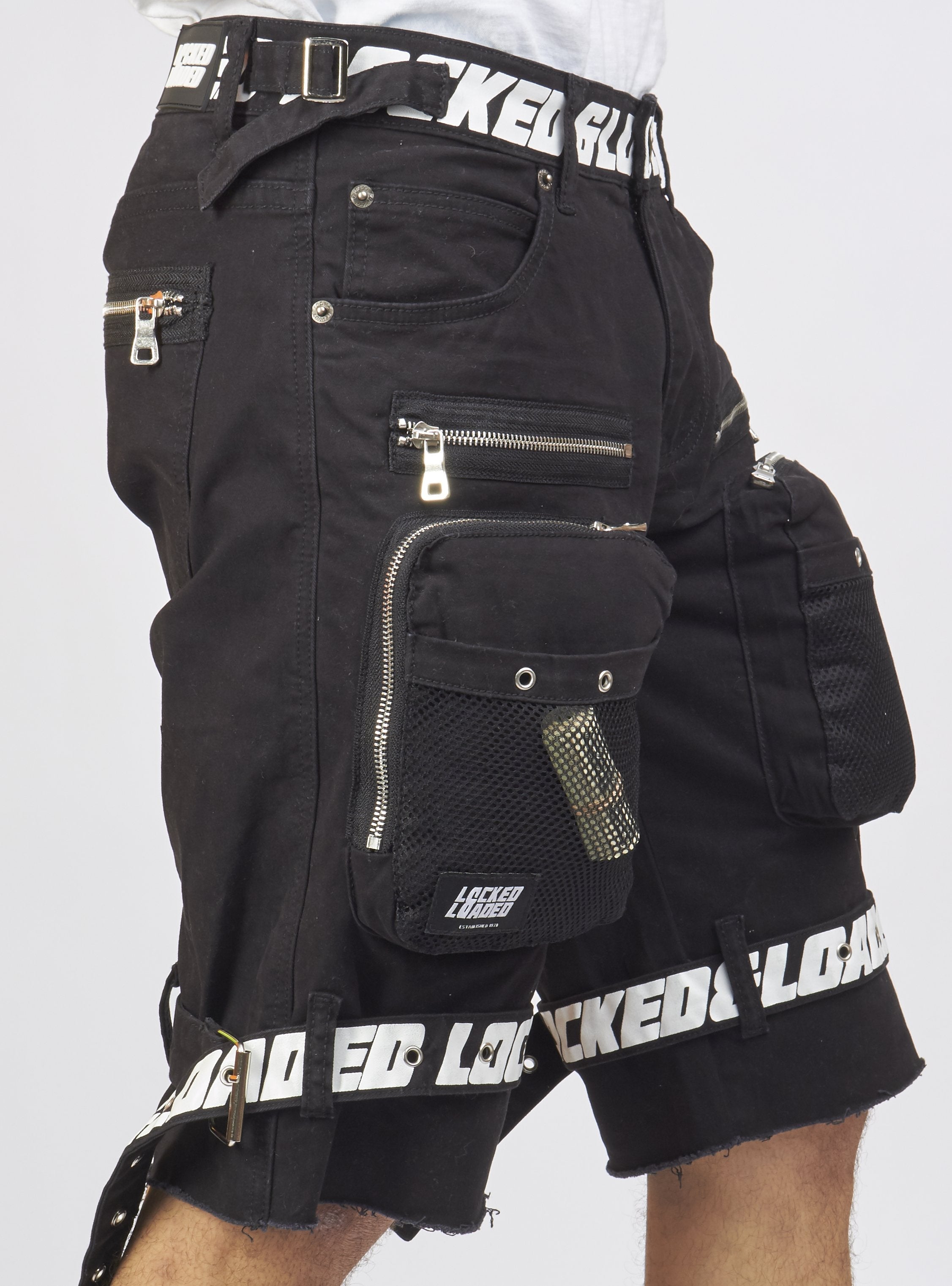 Shorts - Black Cotton Twill - Featuring 3D Cargo Pockets - Black / White Print - LDS421102