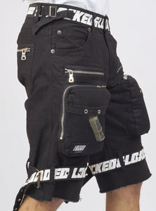 Shorts - Black Cotton Twill - Featuring 3D Cargo Pockets - Black / White Print - LDS421102