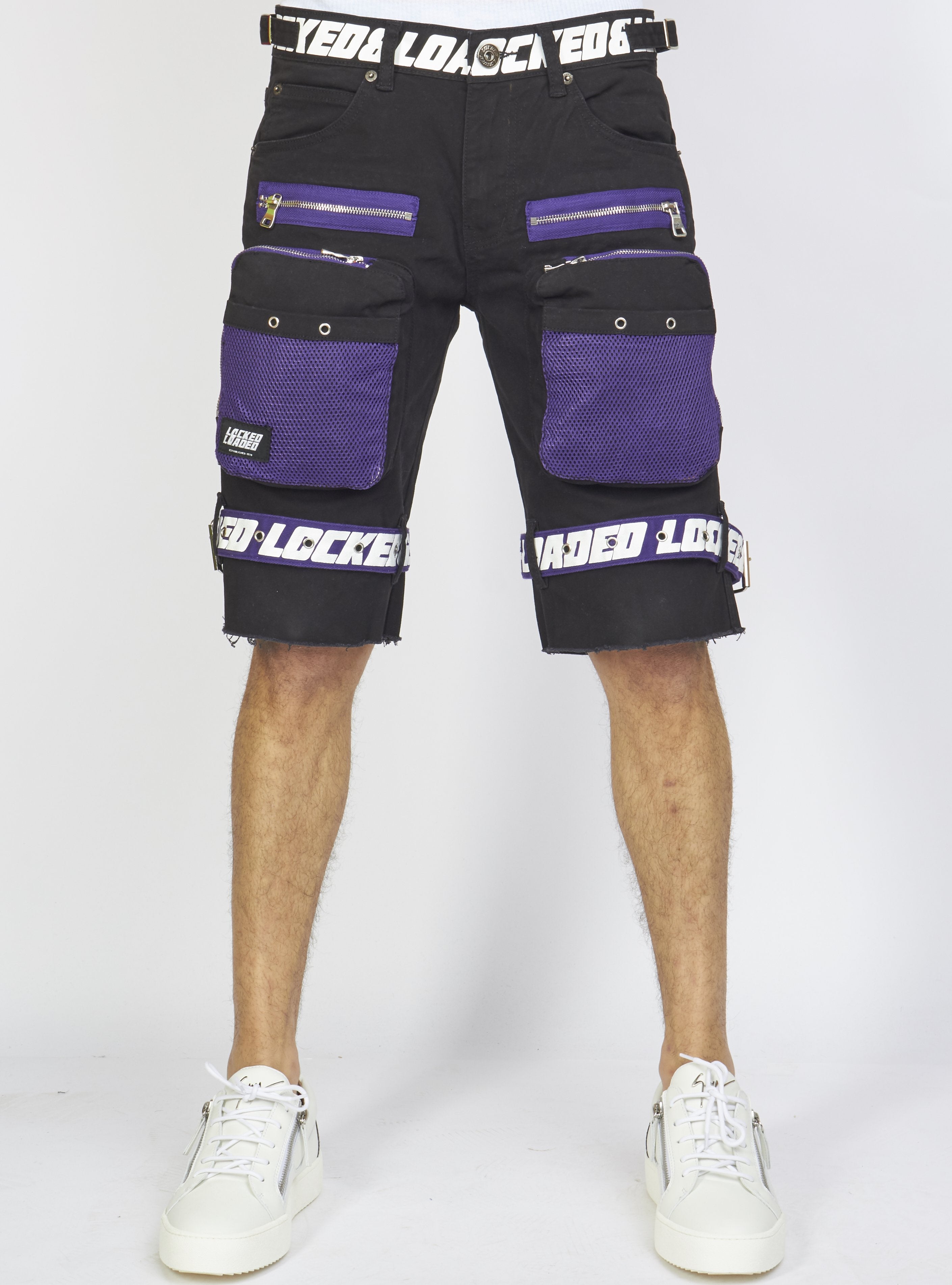 Shorts - Black Cotton Twill - Featuring 3D Cargo Pockets - Purple / White Print  - LDS421102