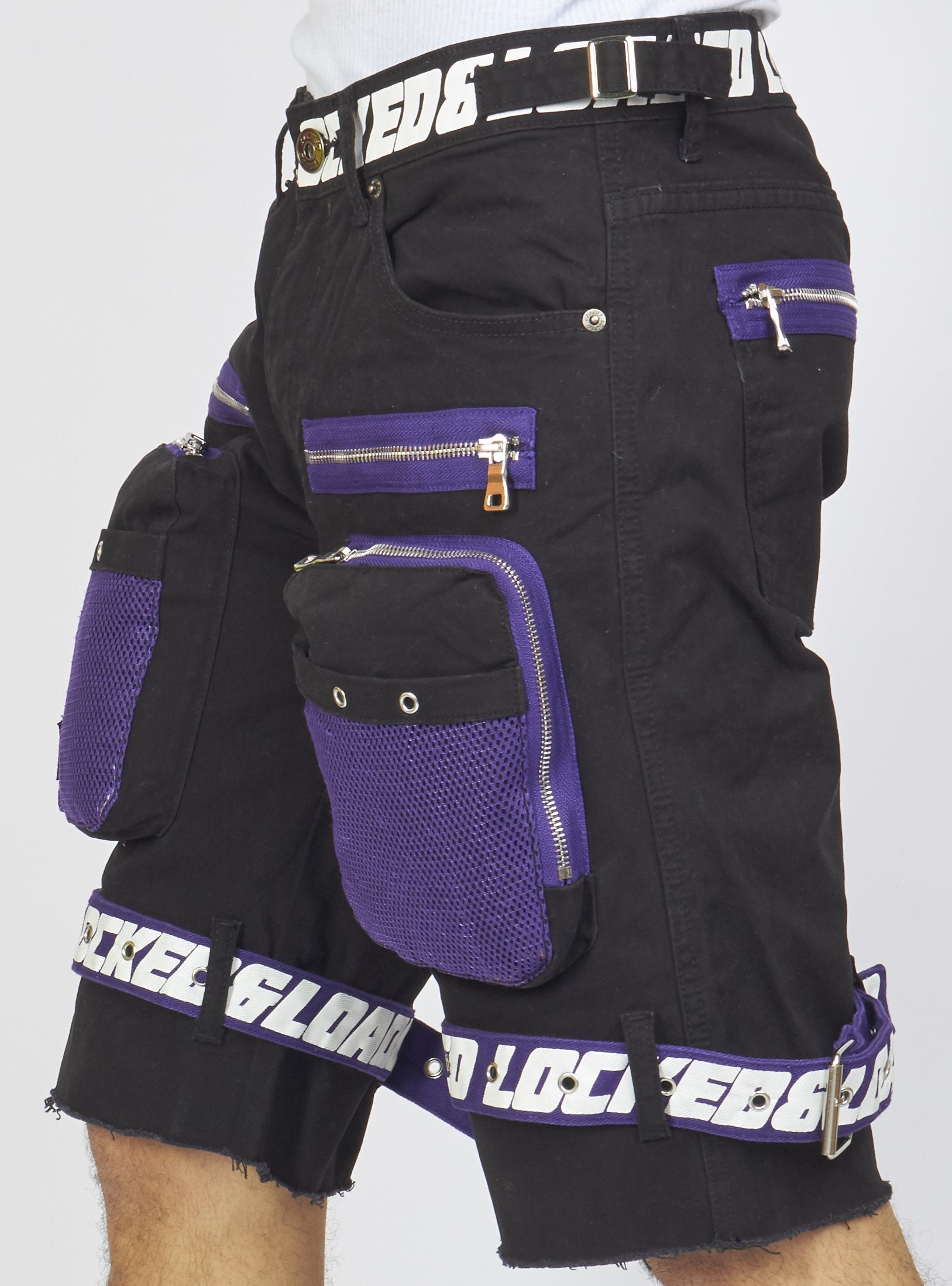 Shorts - Black Cotton Twill - Featuring 3D Cargo Pockets - Purple / White Print  - LDS421102