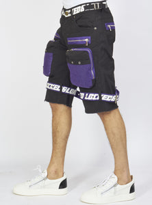 Shorts - Black Cotton Twill - Featuring 3D Cargo Pockets - Purple / White Print  - LDS421102