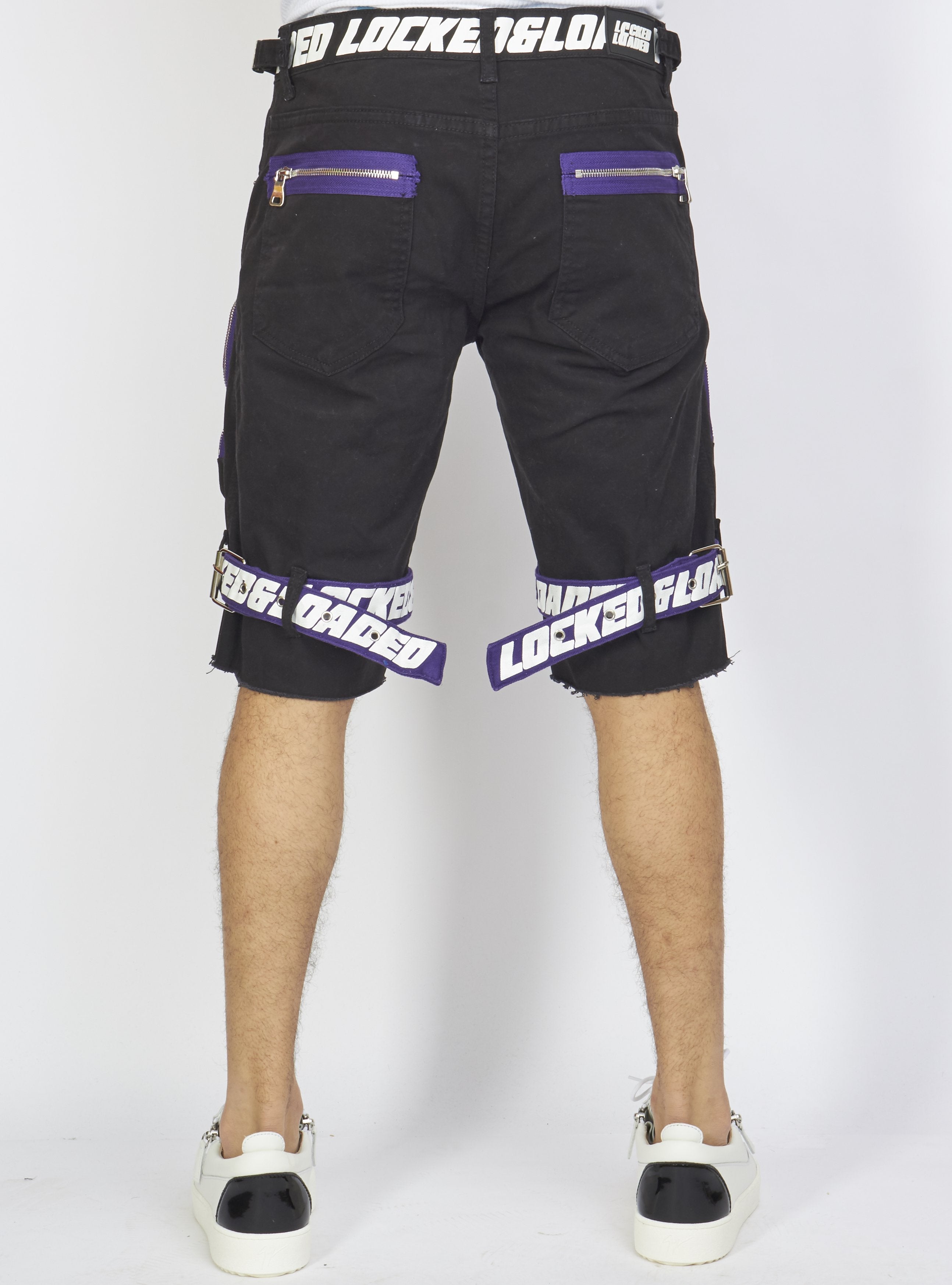 Shorts - Black Cotton Twill - Featuring 3D Cargo Pockets - Purple / White Print  - LDS421102