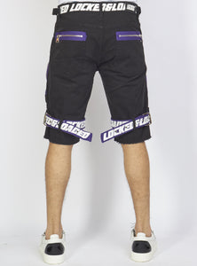 Shorts - Black Cotton Twill - Featuring 3D Cargo Pockets - Purple / White Print  - LDS421102