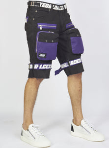 Shorts - Black Cotton Twill - Featuring 3D Cargo Pockets - Purple / White Print  - LDS421102