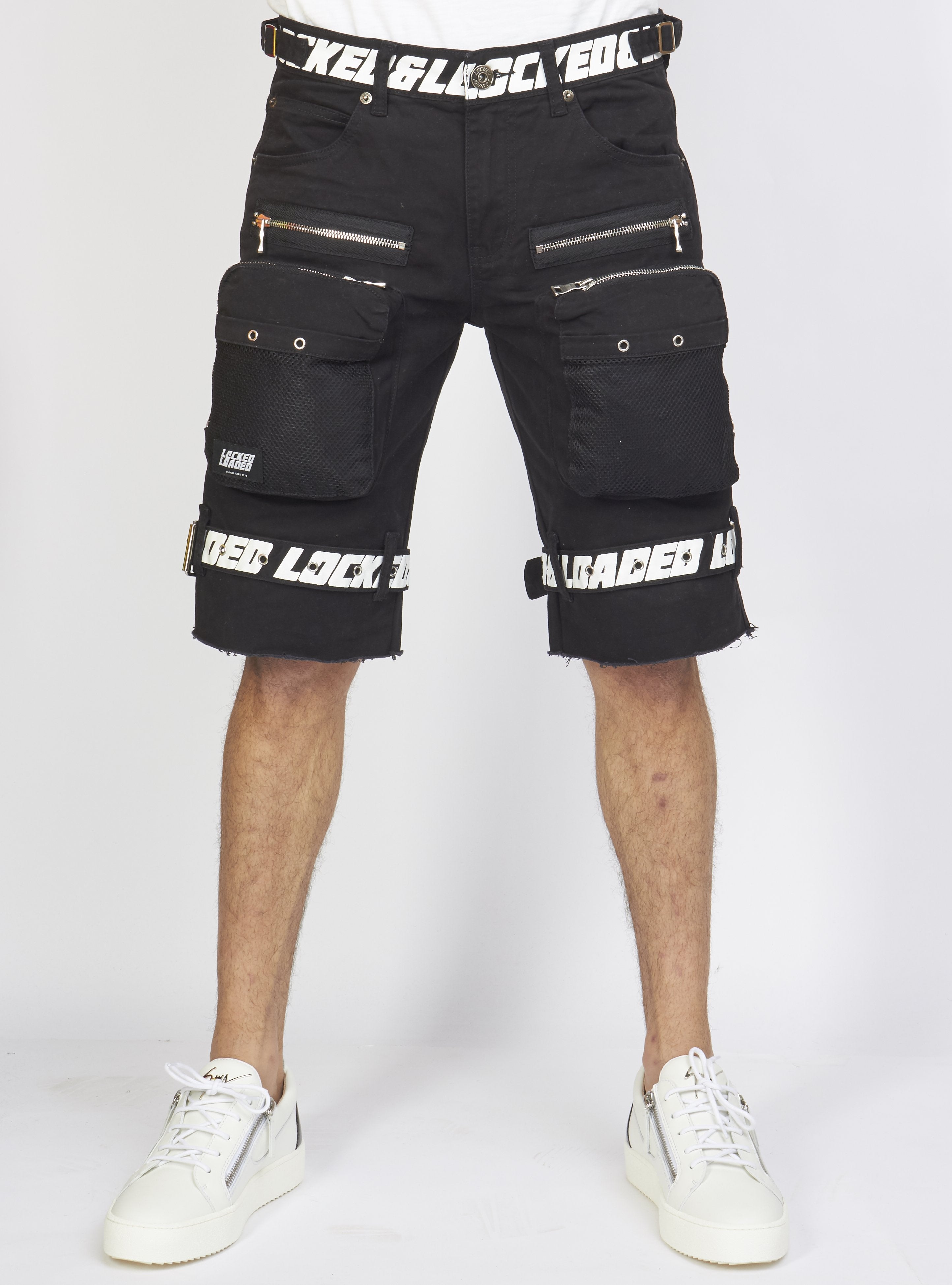 Shorts - Black Cotton Twill - Featuring 3D Cargo Pockets - Black / White Print - LDS421102